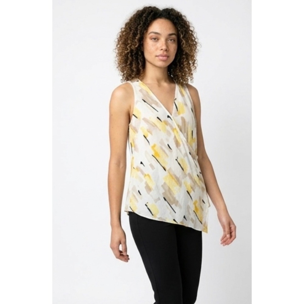 White House‎ Black Market Silk Blouse Womens S Yellow Abstract Handkerchief Hem